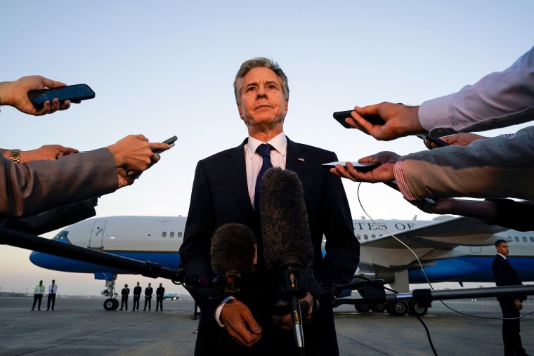 Secretary of State Antony Blinken before boarding his plane in Cairo en route to Jordan on Oct. 15, 2023.