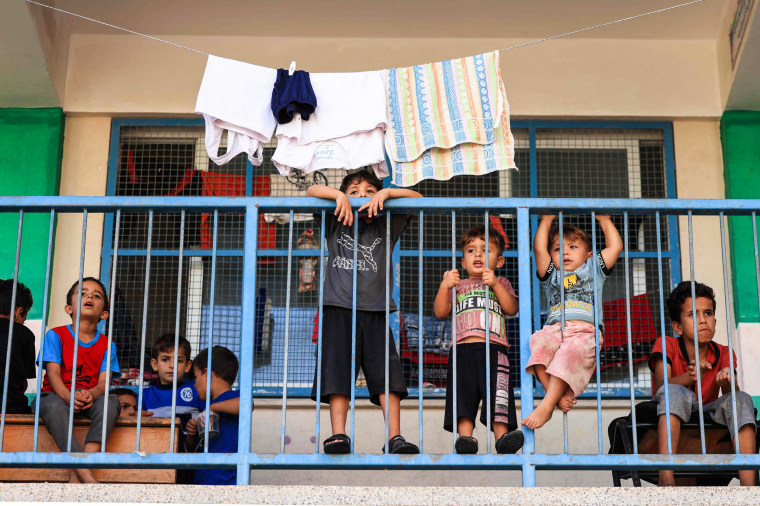 Internally displaced children at a United Nations-run school in Khan Yunis, Gaza, on Oct. 15, 2023.