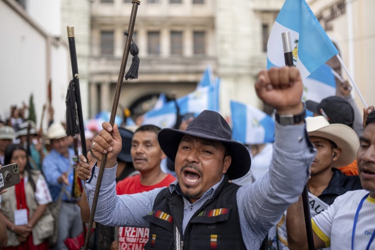 Indigenous authorities shout slogans against the government, in Guatemala City