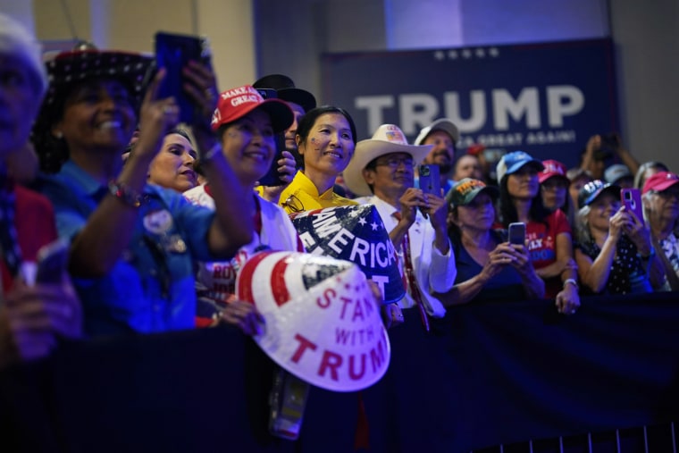 Supporters listen as former President Donald Trump speaks  on July 8, 2023, in Las Vegas.