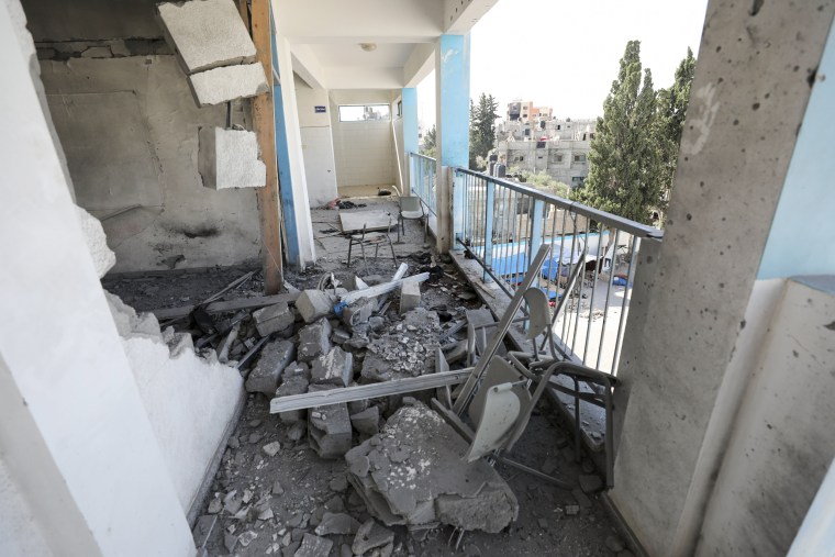 Damage from the Israeli bombardment at the U.N. school in Maghazi refugee camp in Gaza.