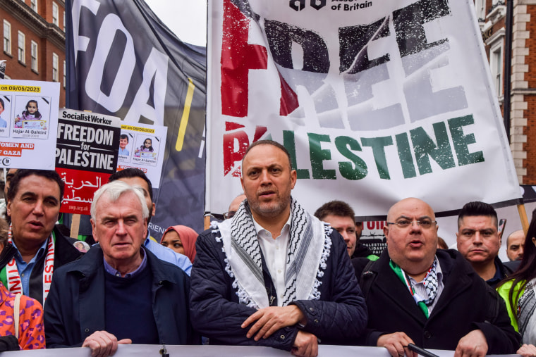 Husam Zomlot, the Palestinian ambassador to the U.K., marches to commemorate the 75th anniversary of the Nakba, in London.