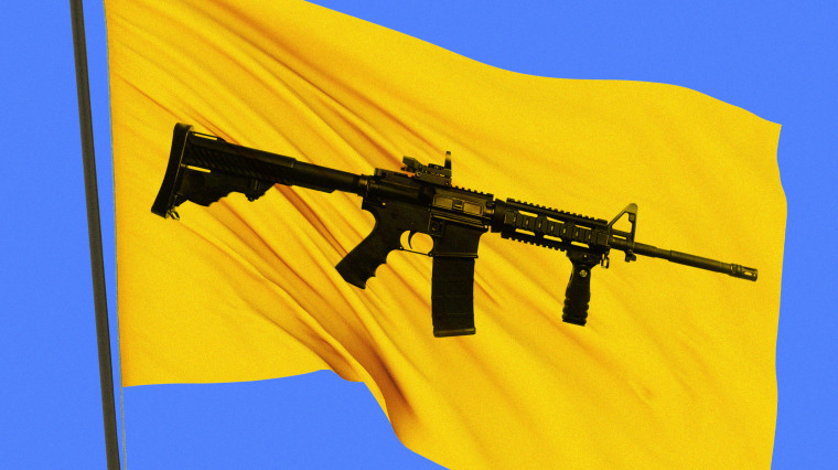 Photo illustration of an automatic assault rifle on a yellow flag.