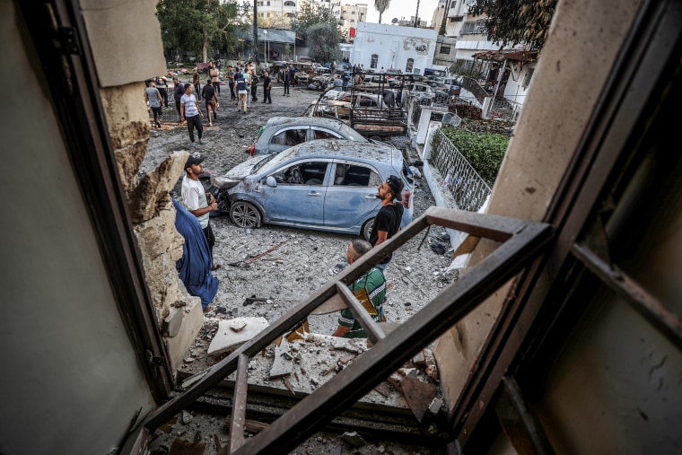 Al-Ahli hospital after it was hit in Gaza City. destruction rubble