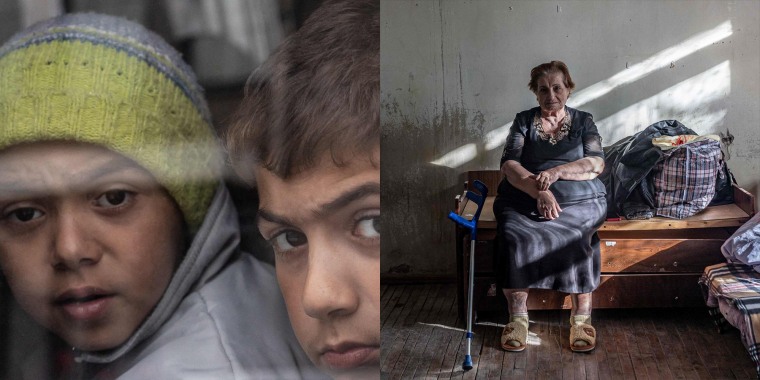 Side by side of Armenian refugee children and an elderly displaced Armenian woman.