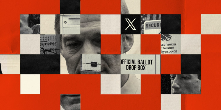 Image of Jim Jordan interrupted by square images with election ballot drop box, Mark Zuckerberg, and X logo