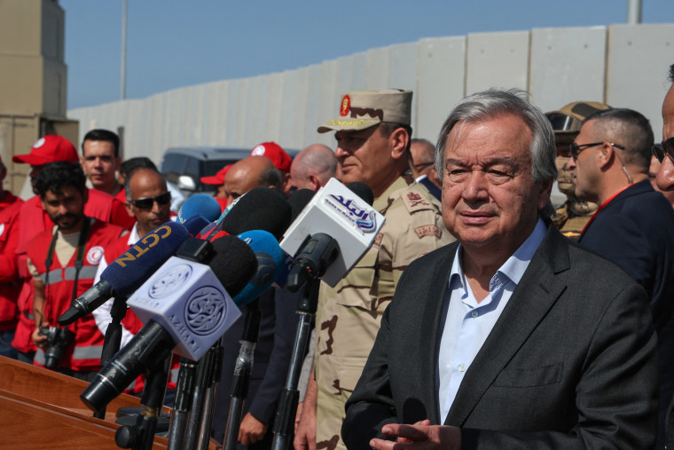U.N. Secretary-General Antonio Guterres visits the Rafah border crossing between Egypt and the Gaza Strip on Oct. 20, 2023. 