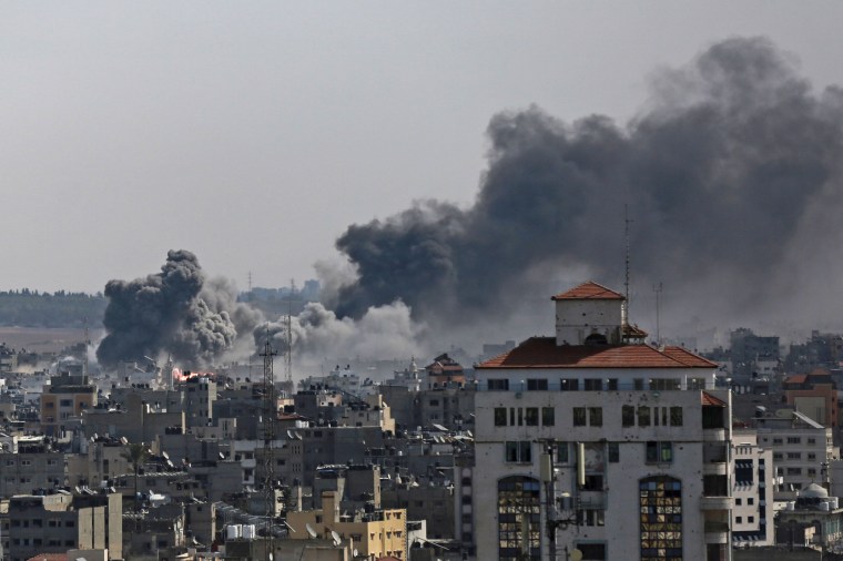 Smoke rises following Israeli airstrikes on Gaza City on Oct. 21, 2023.