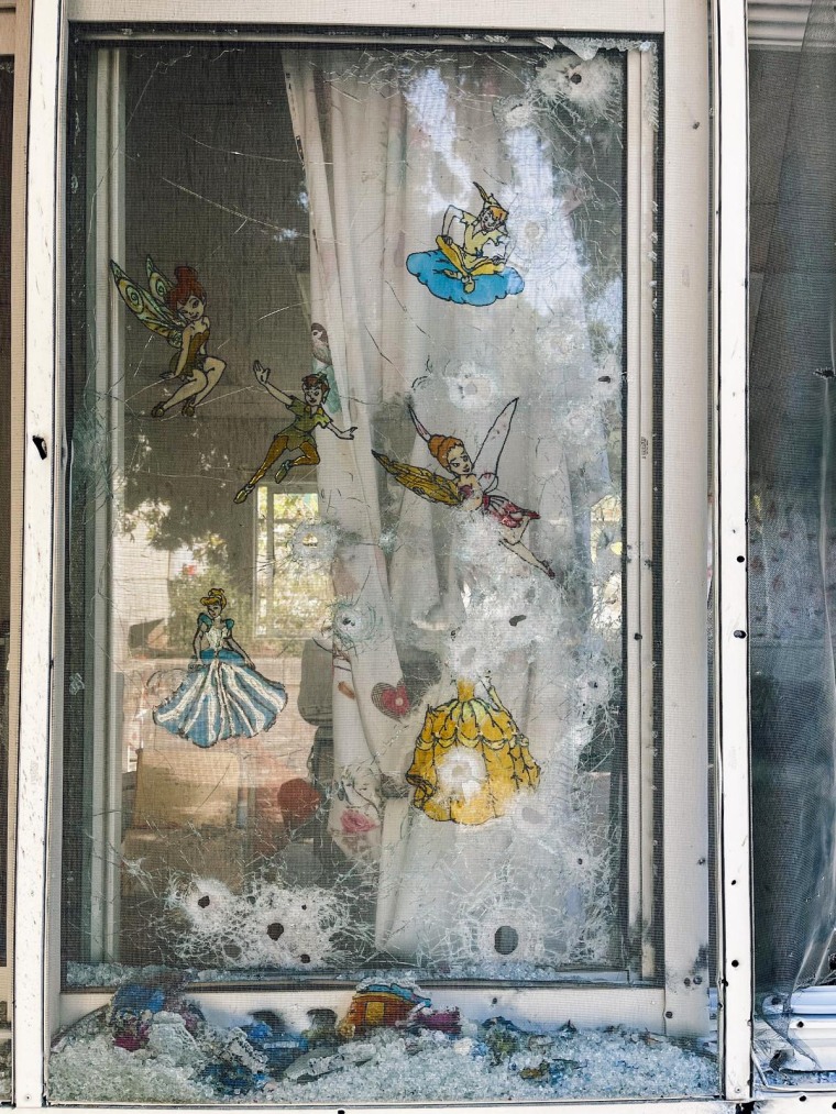 A cracked window at Kibbutz Be'eri.