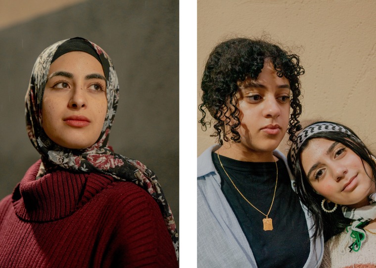Mariam Bsharat, 24, left, says she prays, takes mental health breaks and meditates. At right, Sadeen Husein, 12, left, and Jumana Elbeyali outside the Palestinian American Community Center. 
