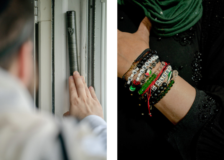 Avraham Shaya Eisenman, left, touches a mezuzah. Right, a detail of bracelets of an attendee at a healing and empowerment event at the Palestinian American Community Center.