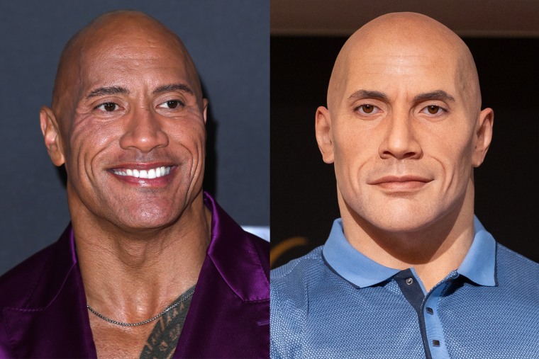 Side by side of Dwayne Johnson, left, and the Musée Grévin wax figure of Johnson.