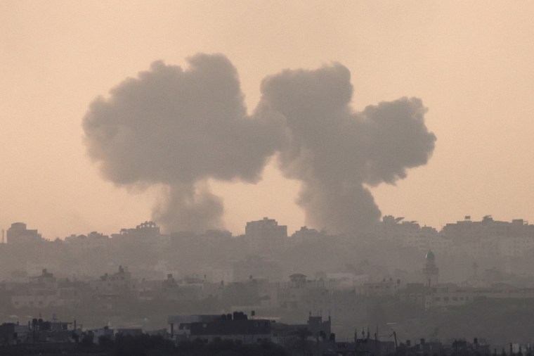 Smoke billows from a Israeli strike on Gaza on Oct. 22, 2023, as seen from Israel's southern city of Sderot.