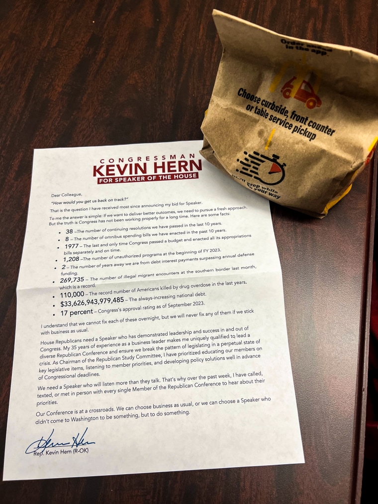Rep. Kevin Hern, R-Okla., is sending McDonalds to colleagues Monday along with his pitch for speaker.