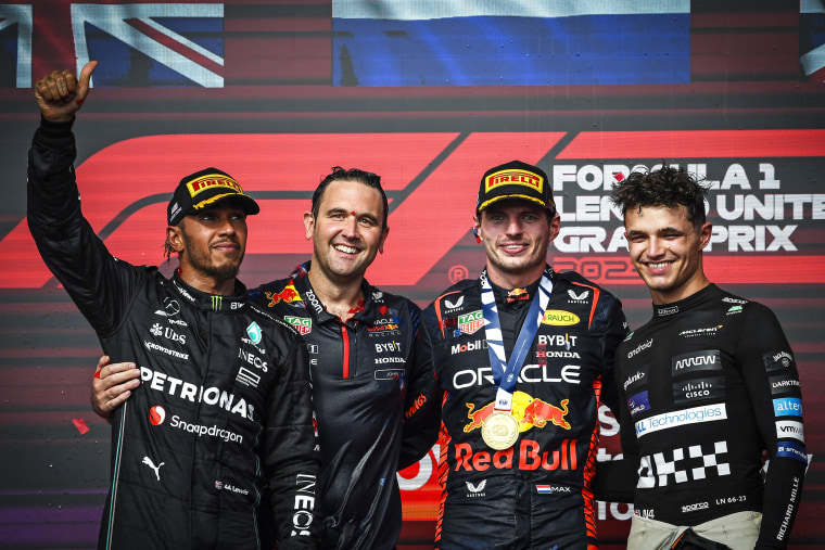 The winners trophy is seen on track before the Formula One Grand