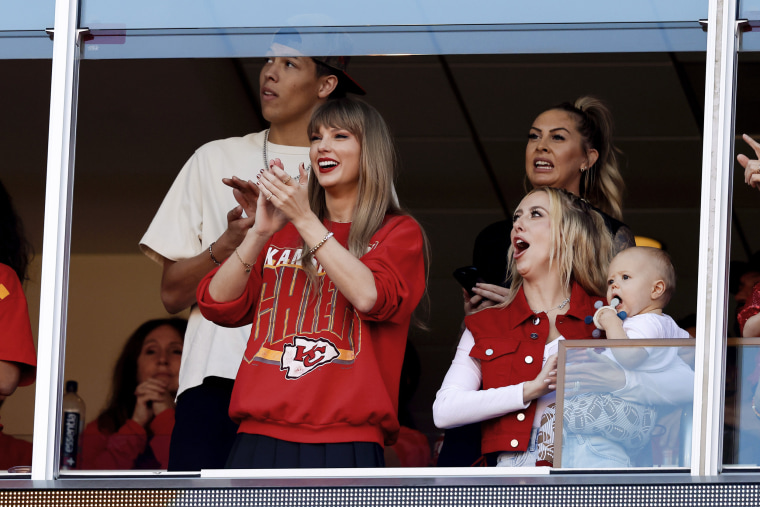 Taylor Swift and Brittany Mahomes react during a game between the Los Angeles Chargers and Kansas City Chiefs on Oct. 22, 2023 in Kansas City, Mo.