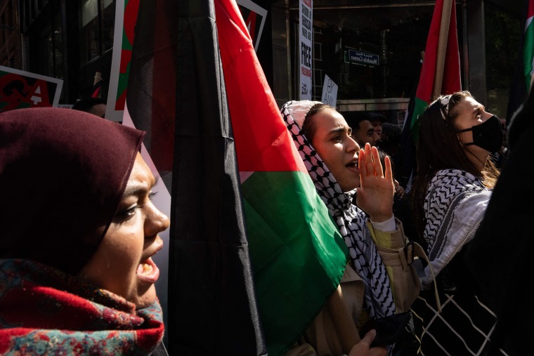 Palestinian supporters at a protest near the Israel- Consulate General in New York on Oct. 9.