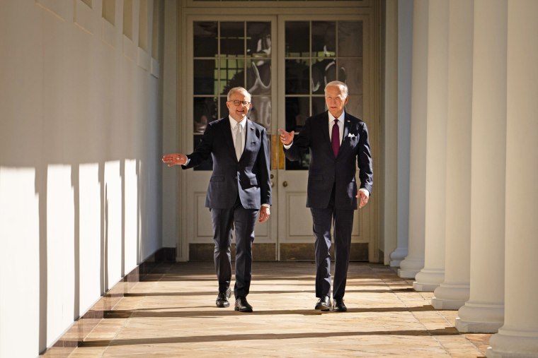 Australian Prime Minister Anthony Albanese and President Joe Biden walk down the colonnade to the Oval Office