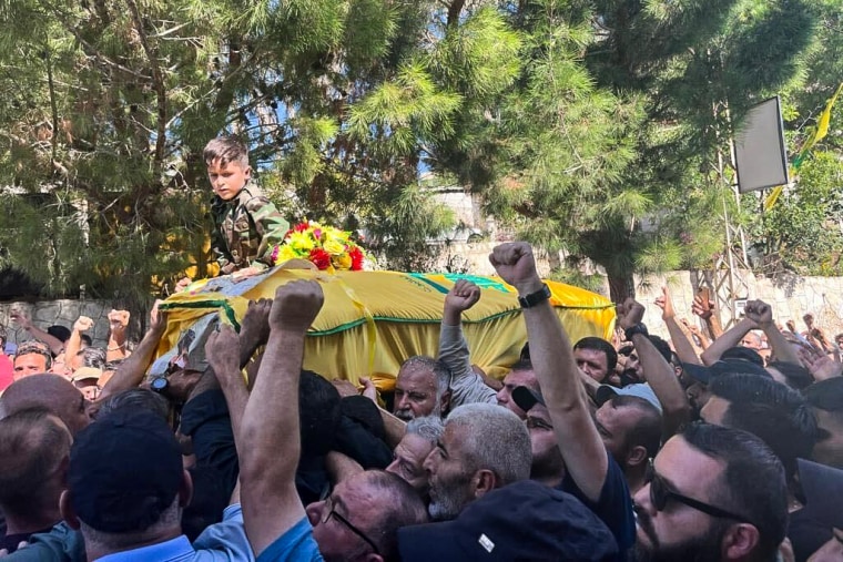 A funeral for a Hezbollah fighter in Salaa, Lebanon, on Oct. 25, 2023.