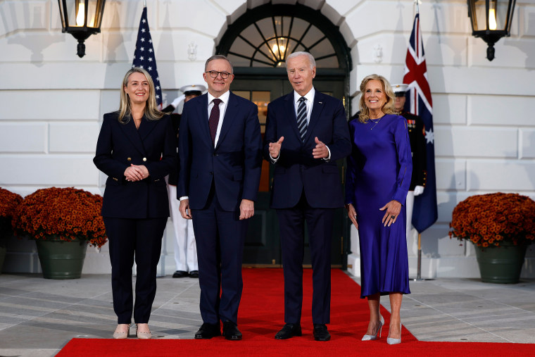 Jodie Haydon, Australia's Prime Minister Anthony Albanese, President Joe Biden and Jill Biden pose for photos after the arrival of Albanese at the White House on Oct. 24, 2023.
