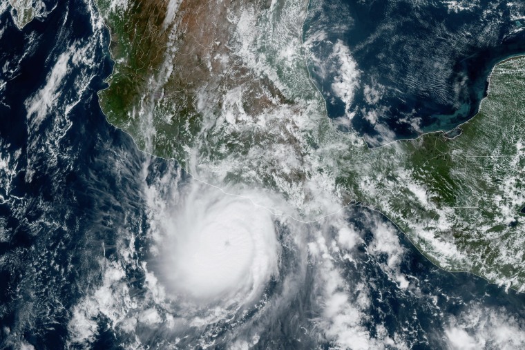 A satellite image of Hurricane Otis approaching Mexico's Pacific coast near Acapulco on Oct. 24, 2023. 