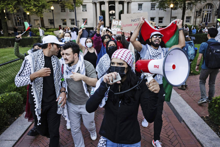 Palestinian supporters protest at Columbia University on Oct. 12, 2023.