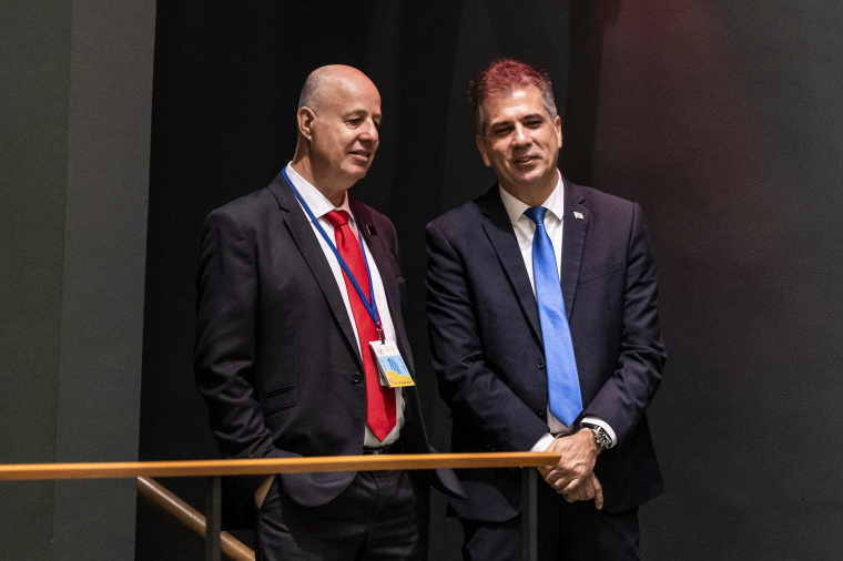 Israeli National Security Advisor Tzachi Hanegbi, left, and Foreign Minister Eli Cohen at the U.N.