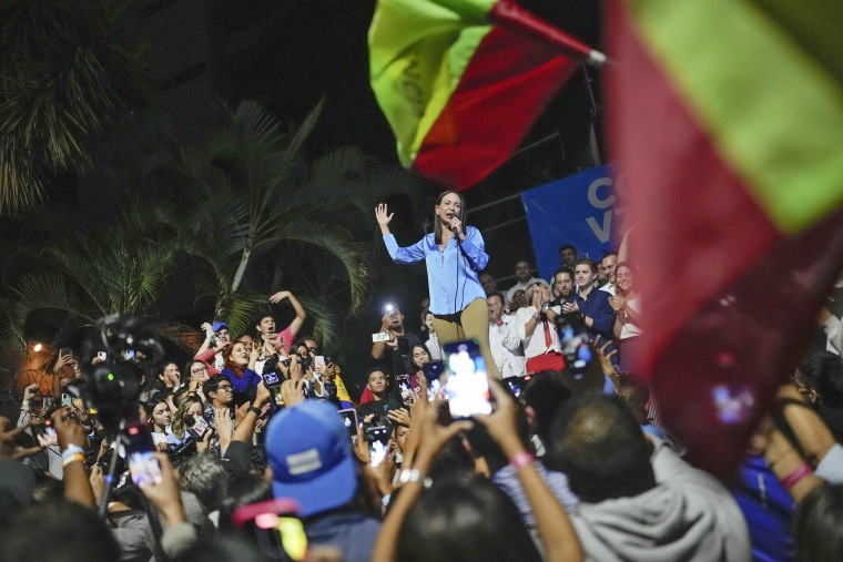 Opposition presidential hopeful Maria Corina Machado celebrates  her victory in the opposition primary election in Caracas on Oct. 23, 2023. 