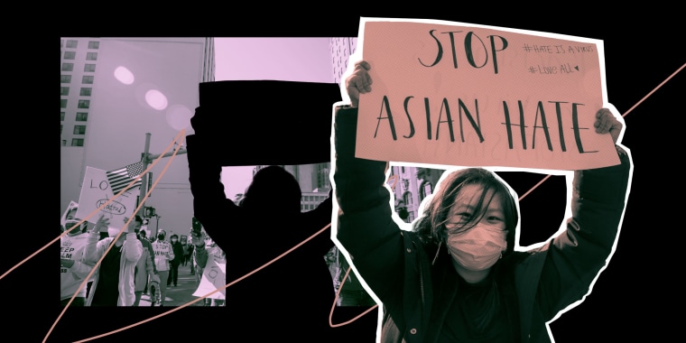 Woman holding sign reading "Stop Asian Hate" stands in front of protest