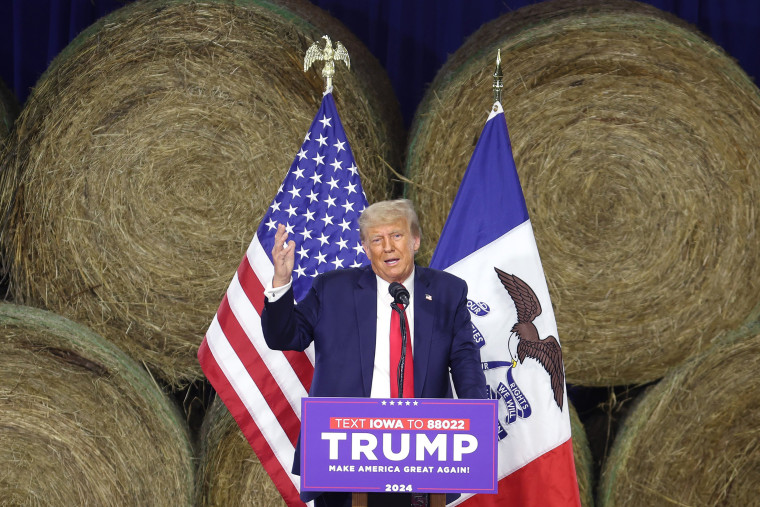 Donald Trump speaks during a campaign event  in Adel, Iowa, on Oct. 16, 2023.