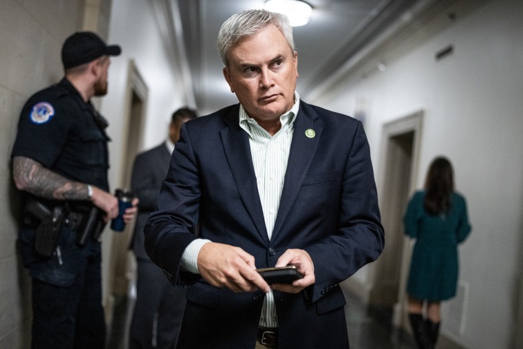 Rep. James Comer, R-Ky., leaves a House Republican Conference speaker of the house meeting in Washington DC. on Oct. 13, 2023.