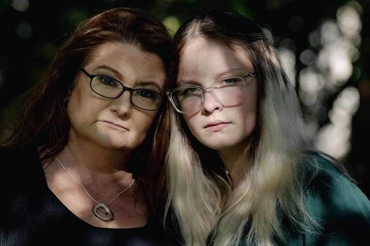 Becky Pepper-Jackson, 13, and her mother Heather Jackson after a hearing in Richmond, Va. on Oct. 27, 2023.