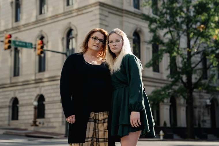 Becky Pepper-Jackson, 13, a transgender teen at the center of a legal battle over transgender participation in West Virginia sports and her mother Heather Jackson after a hearing in Richmond, Va. on Oct. 27, 2023.