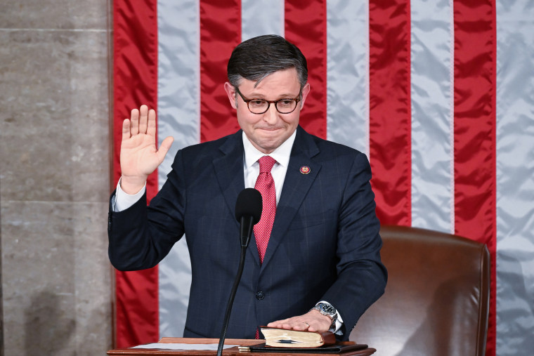 Speaker of the House-elect Mike Johnson, R-La., takes the oath at the Capitol on Oct. 25, 2023.