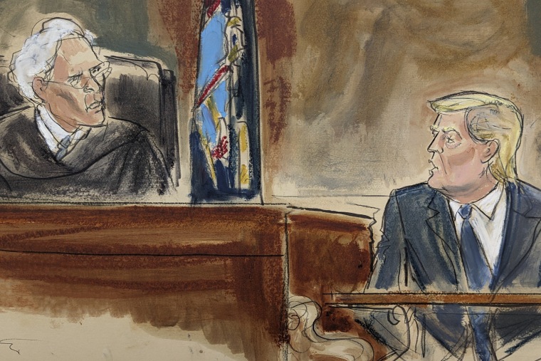 courtroom sketch: Judge Arthur Engoron questions former President Donald Trump on the witness stand in New York Supreme Court on Oct. 25, 2023.