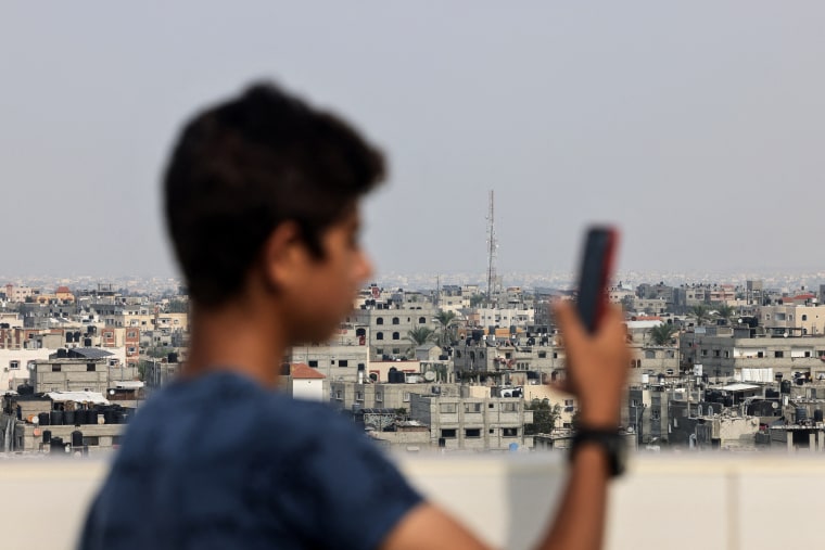 An antenna of a communications tower that relays phone and internet signals in the southern Gaza Strip on Oct. 28, 2023. 