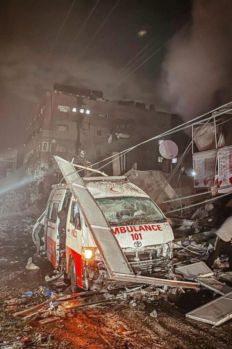 An ambulance in the northern Gaza strip sustained heavy damage after intense bombardment early Monday local time.