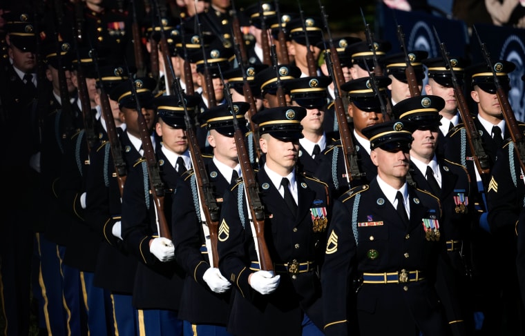 Members of a military honor guard march in Washington, DC. on Oct. 25, 2023.