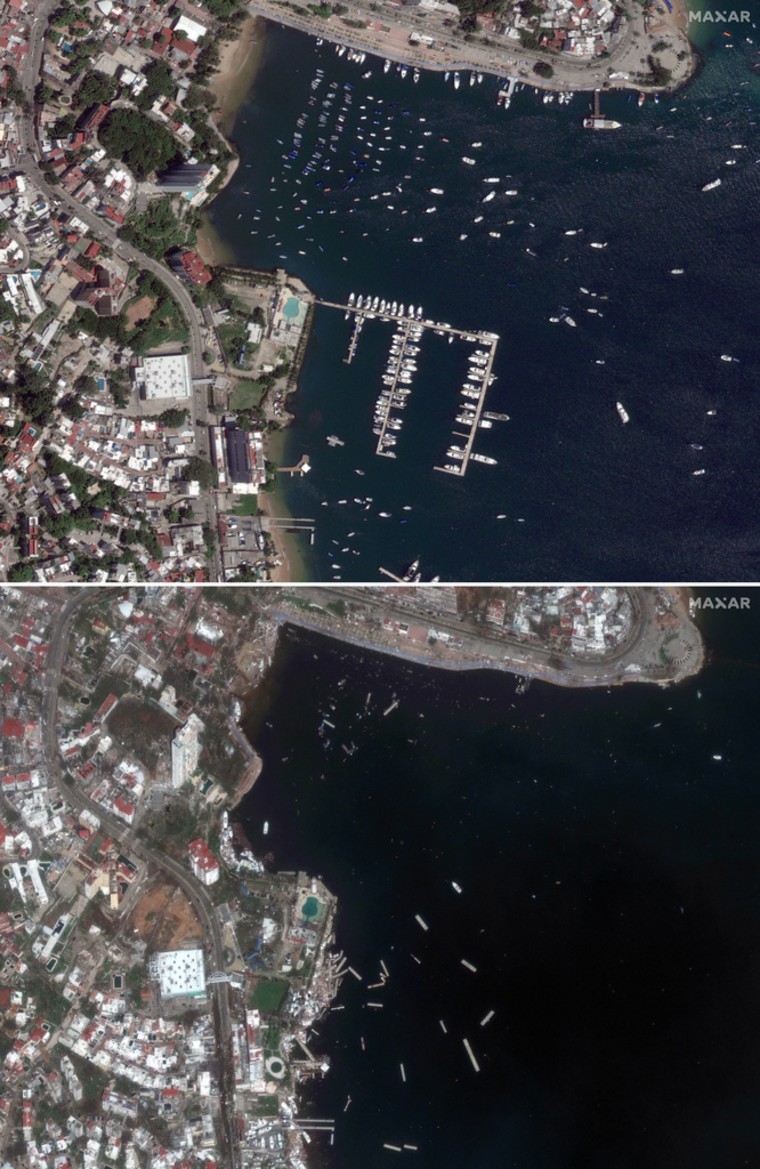 El puerto de la bahía de Acapulco  el 4 de octubre de 2023, arriba, y un día después del paso de Otis el 26 de octubre de 2023. 