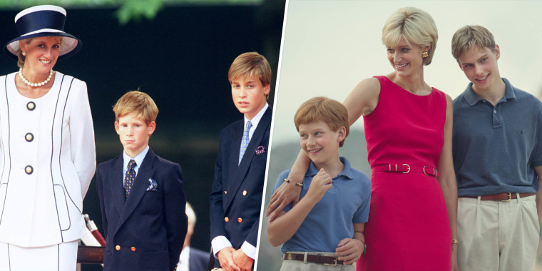 (Left) Princess Diana, Prince Harry and Prince William in 1995. (Right) Elizabeth Debicki in Season Six of "The Crown."