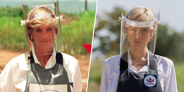 (Left) Diana, Princess of Wales, walks with body armor and a visor on the minefields during a visit to Huambo, Angola in 1997. (Right) Elizabeth Debicki portraying Diana in Season Six.