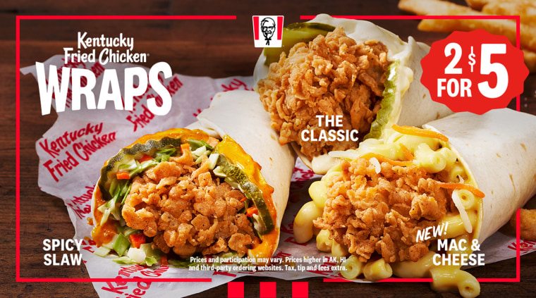 KFC's Mac & Cheese Chicken Wrap, Spicy Slaw Chicken Wrap and Classic Wrap.