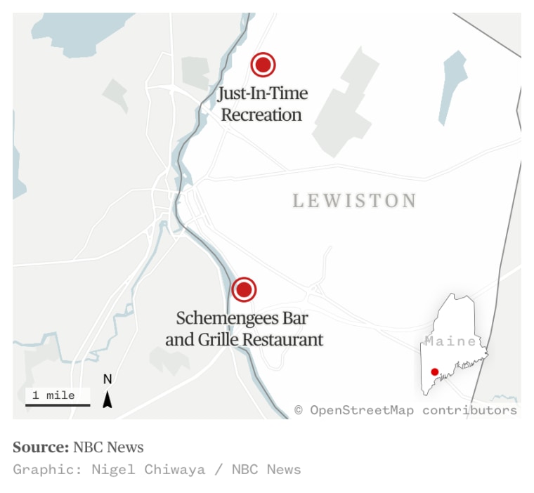 Map of Lewiston, Maine, showing the location of Just-In-Time recreation and Schemengees Bar and Grille, the site of the Oct. 25, 2023 shootings.