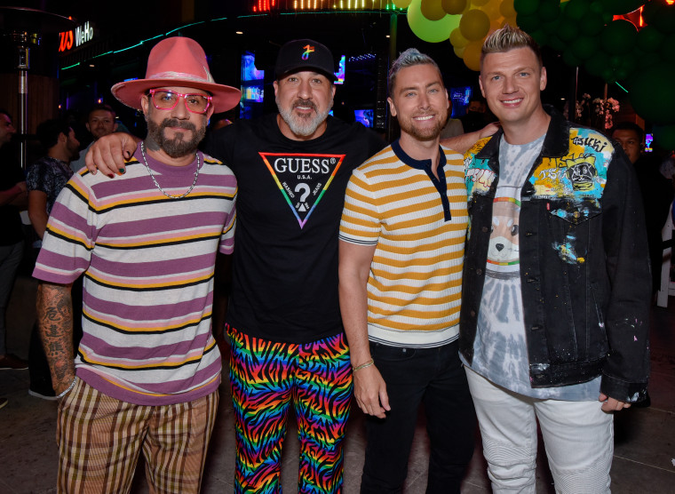 Backstreet Boy AJ McLean, Joey Fatone and Lance Bass from 'N Sync and Backstreet Boy Nick Carter at the After Party for "Bingo Under The Stars" In Celebration of Pride at Rocco's on June 18, 2021 in West Hollywood.