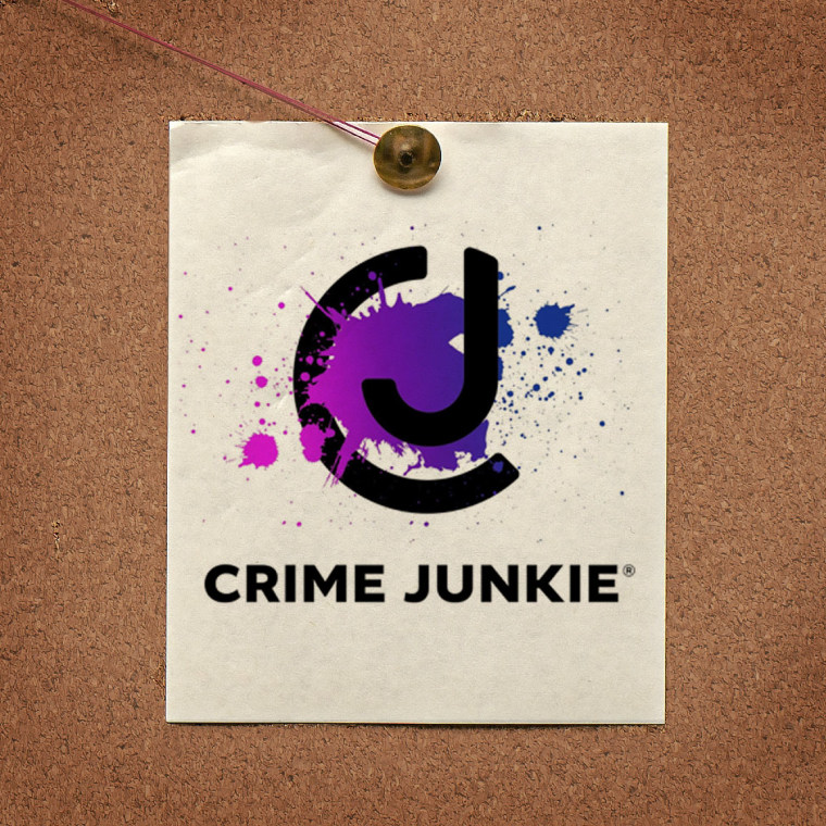 Crime Junkie logo pinned to cork board