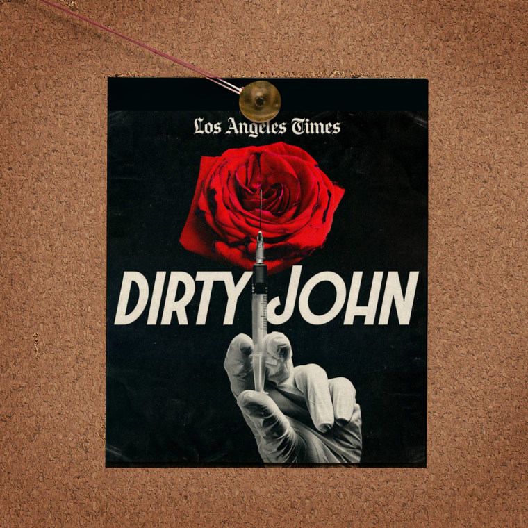 Dirty John logo pinned to cork board