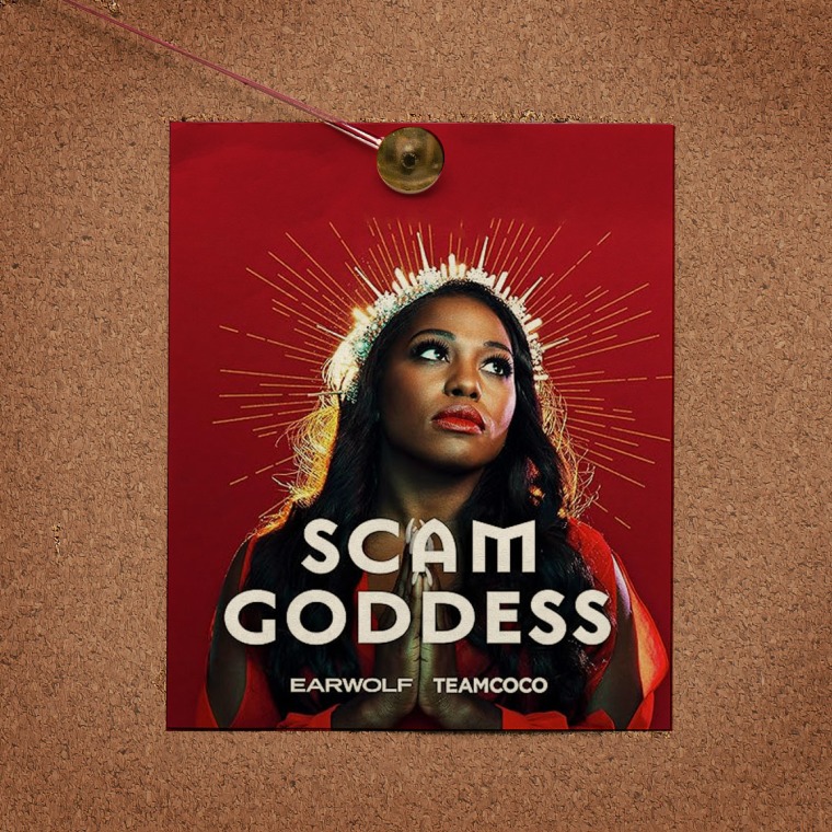 Scam Goddess logo pinned to cork board
