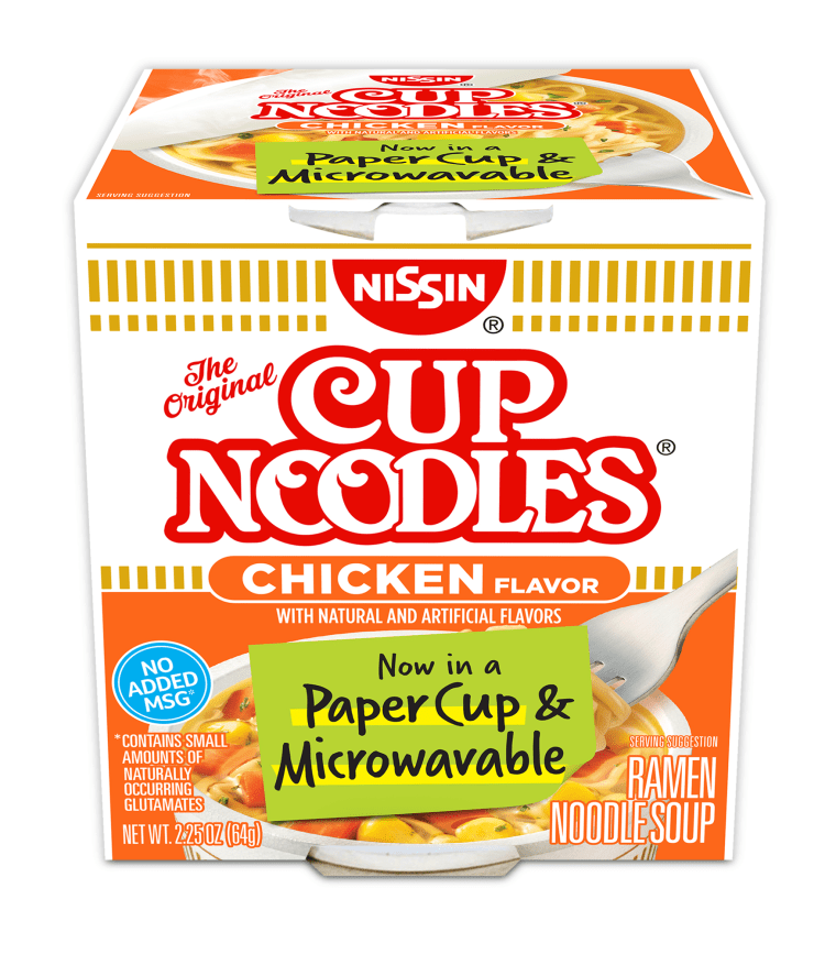 Cup Noodles’ new microwaveable paper packaging.