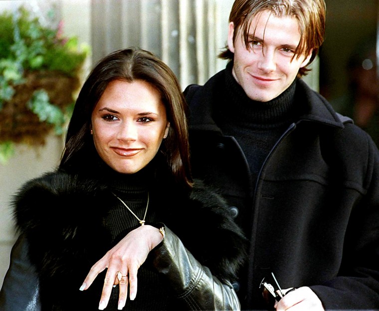 Victoria Adams (Posh Spice) and David Beckham the Manchester United footballer leave the Hotel near Crewe today (Sunday) where the announcement of their future wedding was made.