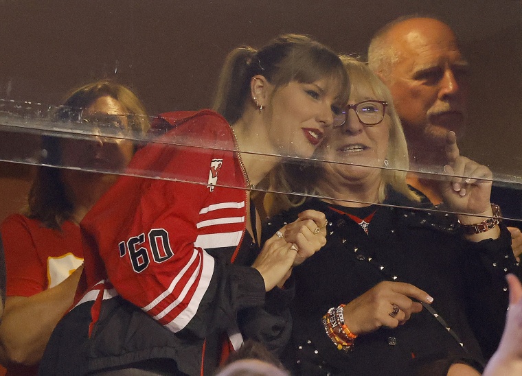 Taylor Swift and Donna Kelce at the Kansas City Chiefs and the Denver Broncos at GEHA Field at Arrowhead Stadium on Oct. 12, 2023 in Kansas City, Missouri.